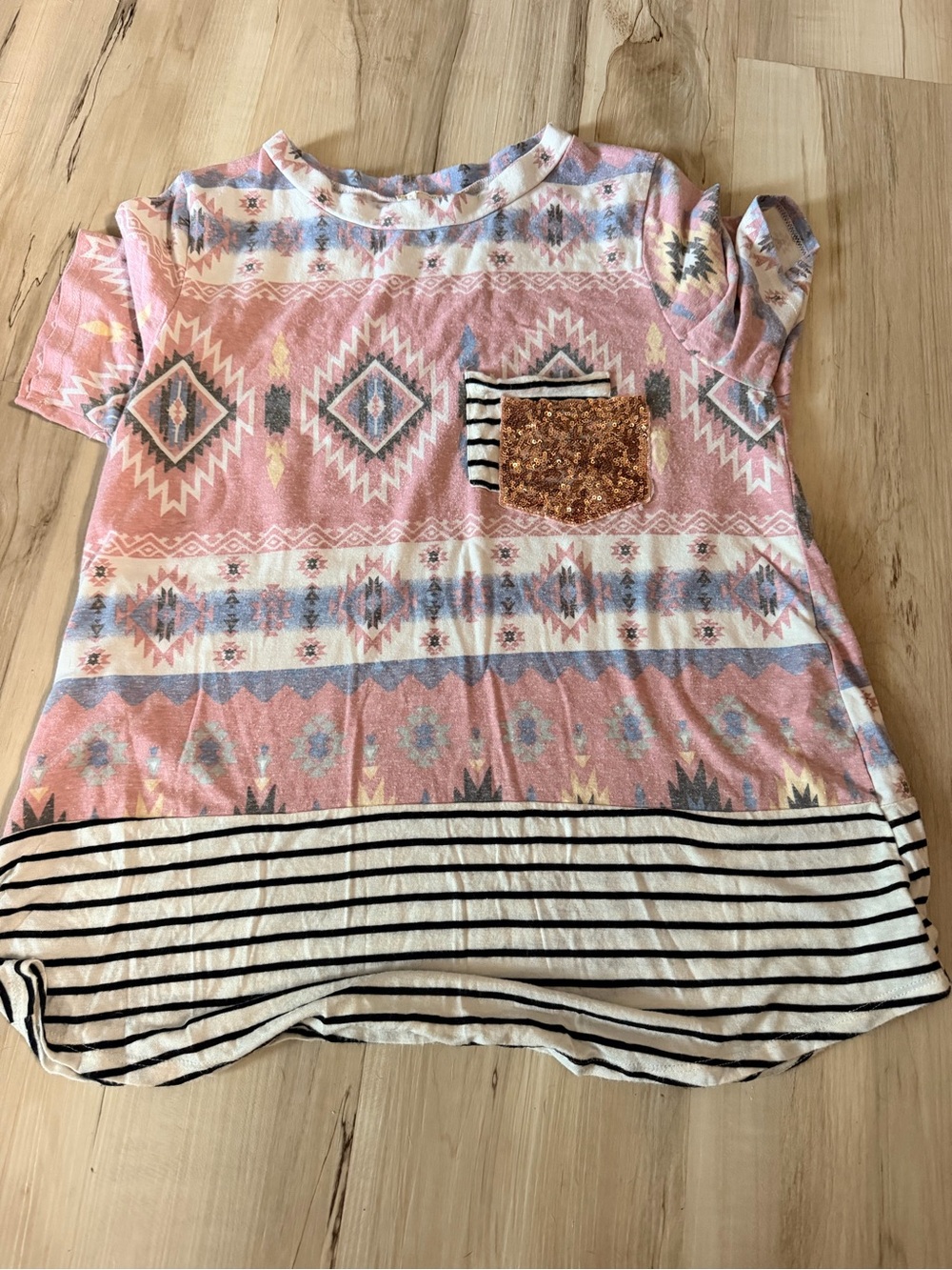 Lovely Melody Pink Aztec Stripe Short Sleeve Tee with Sequin Pocket